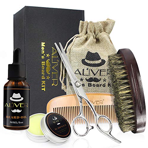 ALIVER Kit de cuidado de la barba para hombres Set para el cuidado de la barba con aceite para barba, cera de bálsamo para barba bigote, brocha para barba, peine para barba.