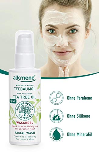 alkmene gel limpiador de aceite de árbol de té para piel impura - anti espinillas, impurezas de la piel y gel limpiador de rojeces - cuidado facial vegano (1x 150 ml)