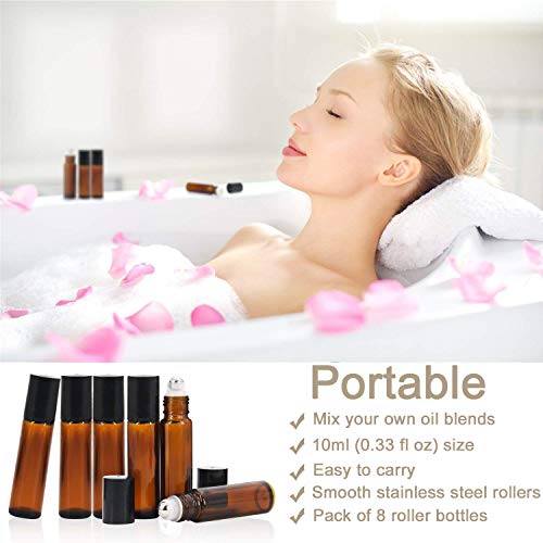 Alledominio, 8 botellas de 10 ml de aceites esenciales, botellas de vidrio ámbar recargables con bolas de acero inoxidable, incluye 12 etiquetas, 1 cuentagotas y abridor, perfecto para aromaterapia