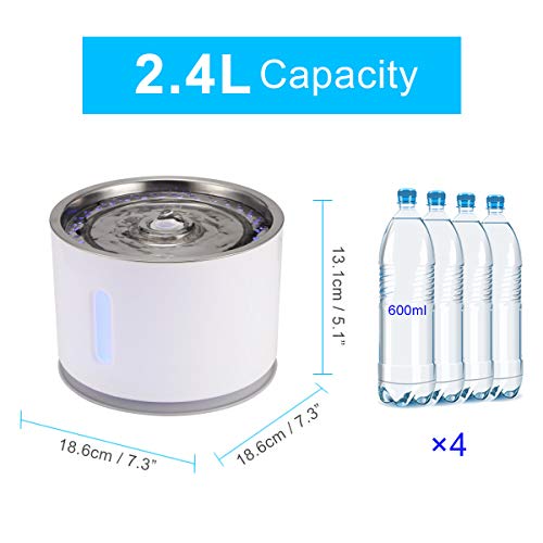 ALLOMN Dispensador de la Fuente de Agua para Mascotas, Soporte Automático del Dispensador para Perros Cat 3 Modos de Flujo de Agua Silencio Activado con Cable USB (2.4L) (Plata)