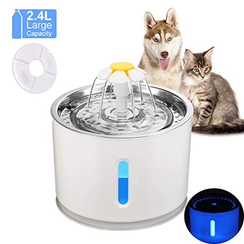 ALLOMN Dispensador de la Fuente de Agua para Mascotas, Soporte Automático del Dispensador para Perros Cat 3 Modos de Flujo de Agua Silencio Activado con Cable USB (2.4L) (Plata)