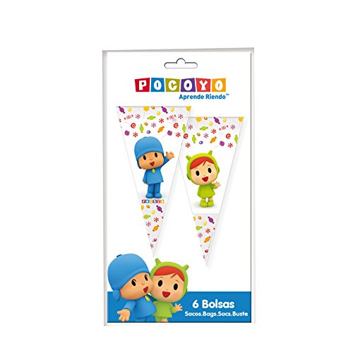ALMACENESADAN 2358; Pack 6 Bolsas de Cono Pocoyo y Nina; Ideal para Fiestas y cumpleaños; Bolsas para gominolas o Regalos; Producto de plástico; Dimensiones 20x40 cm