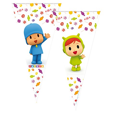 ALMACENESADAN 2358; Pack 6 Bolsas de Cono Pocoyo y Nina; Ideal para Fiestas y cumpleaños; Bolsas para gominolas o Regalos; Producto de plástico; Dimensiones 20x40 cm