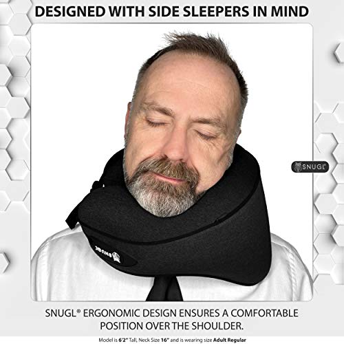 Almohada de Viaje SNUGL - Cojín de Espuma de Memoria de Diseño Ergonómico Premium - Avión, Tren o automóvil - Bolsa de Viaje con mosquetón Incluido (Negro Azabache)