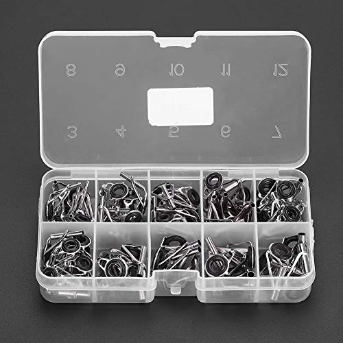 Alomejor 80 Piezas Juego de guías para cañas de Pescar de Acero Inoxidable 10 tamaños Anillo de Ojo Caña de Pescar de línea Juego de guías con Caja de plástico para Agua Dulce