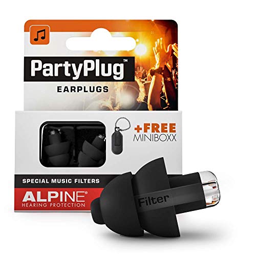 Alpine PartyPlug Tapones para los oídos para Fiestas, festivales de música y conciertos - Gran calidad musical - Cómodo material hipoalergénico + Contenedor llavero - Tapones reutilizables - Negro