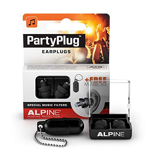 Alpine PartyPlug Tapones para los oídos para Fiestas, festivales de música y conciertos - Gran calidad musical - Cómodo material hipoalergénico + Contenedor llavero - Tapones reutilizables - Negro