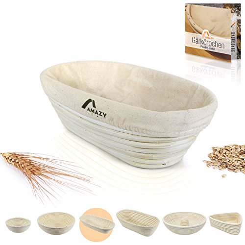 Amazy Cesta de fermentación, incluyendo un folleto con recetas y consejos de uso - Cesta de pan de fermentación en palma natural (redonda | Ø 28cm) - incluye un tela de lino