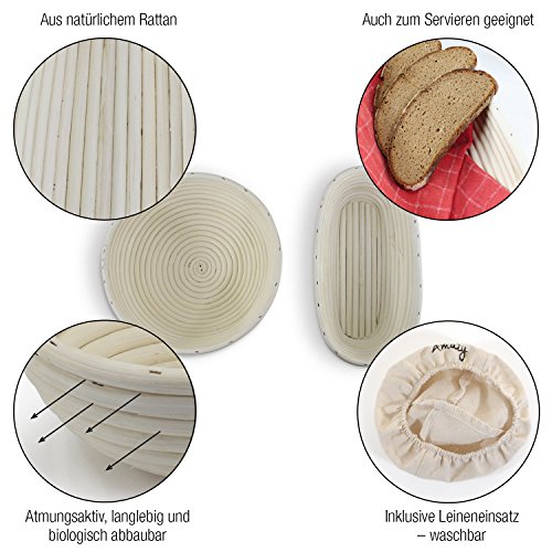 Amazy Cesta de fermentación, incluyendo un folleto con recetas y consejos de uso - Cesta de pan de fermentación en palma natural (redonda | Ø 28cm) - incluye un tela de lino