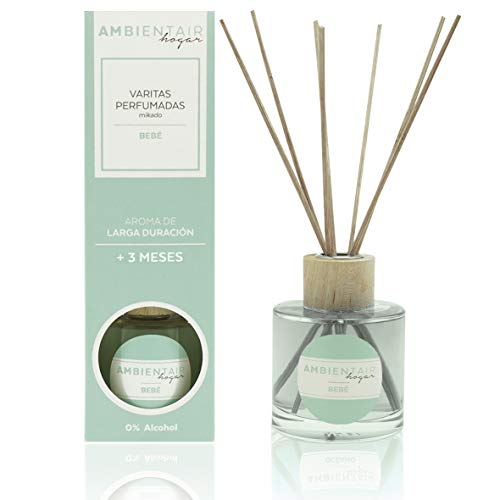 Ambientair Hogar. Difusor de varillas perfumadas. Ambientador Mikado Colonia infantil, Bebé. Difusor 100 ml con palitos de ratán. Ambientador sin alcohol para casa.