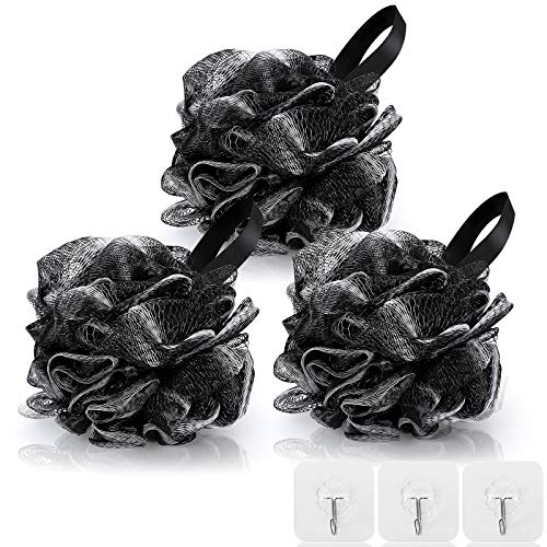 AMGOMH 3 pcs Esponja Puf de Malla Lufa, Esponja para el Baño Exfoliante de Malla con Cuerda Colgante para Mujeres Los Hombres Exfolian la Piel Limpia Calmar la Piel (Incluyendo 3 Ganchos Adhesivos)