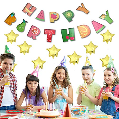 Amycute 47 Pcs Decoracion Globos de Frutas para Fiesta Infantil, Happy Birthday Banner Gran Globo de papel de aluminio Sandía,Naranja, Fresa para Fiesta de Cumpleaños, Tema de Fruta juguete niños