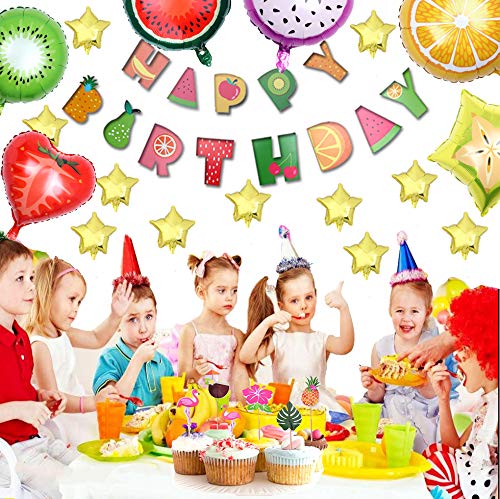 Amycute 47 Pcs Decoracion Globos de Frutas para Fiesta Infantil, Happy Birthday Banner Gran Globo de papel de aluminio Sandía,Naranja, Fresa para Fiesta de Cumpleaños, Tema de Fruta juguete niños