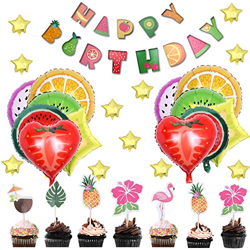 Amycute 47 Pcs Decoracion Globos de Frutas para Fiesta Infantil, Happy Birthday Banner Gran Globo de papel de aluminio Sandía,Naranja, Fresa para Fiesta de Cumpleaños, Tema de Fruta juguete niños