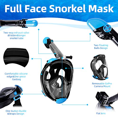 Amzdeal Máscara de buceo - Máscara de snorkel Plegable completa-mascarilla antifugas-sello de silicona a prueba , vista panorámica HD de 180 ° Compatible con soporte para cámara (L/XL)