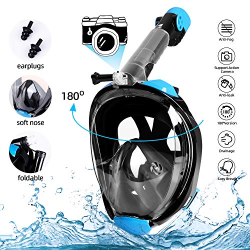 Amzdeal Máscara de buceo - Máscara de snorkel Plegable completa-mascarilla antifugas-sello de silicona a prueba , vista panorámica HD de 180 ° Compatible con soporte para cámara (L/XL)