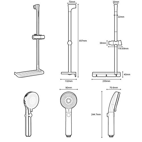 Amzdeal Set de Ducha, Conjunto de Ducha con Bandeja De Almacenamiento, con 3 Funciones Ducha de Parada de Agua, Cromo