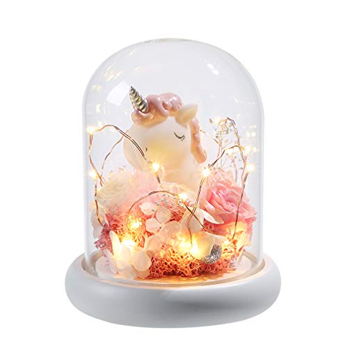 ANLUNOB Rosa encantada Elegante Cubierta Redonda de Vidrio con Base de luz LED Blanca, decoración del hogar para Regalos de San Valentín, Bodas, Aniversarios, Regalos del día de la Madre