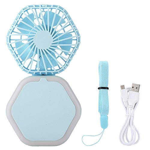 Annjom Ventilador portátil USB Kit 3 en 1 Enfriador de Aire + Espejo de Maquillaje + Batería LED Recargable(Blue)
