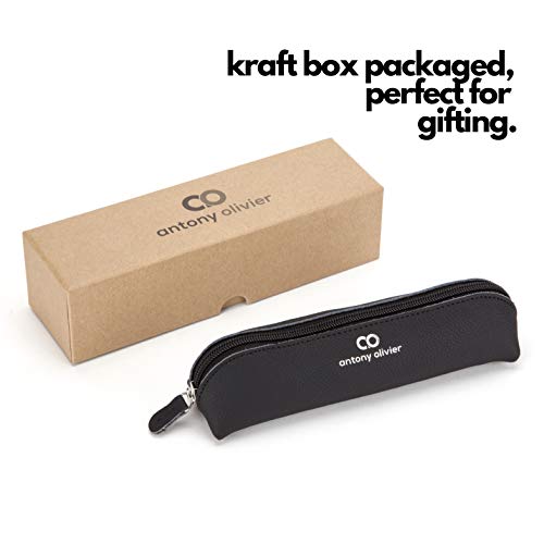 Antony Olivier Estuche de Cuero | Negro con Cremallera | para Hombres, Mujeres, Estudiantes y Profesionales | Tamaño Perfecto para Papelería y Utensilios de Arte | Envuelto en una Bonita Caja Kraft