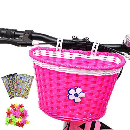 ANZOME Cesta de bicicleta para niña, manillar delantero, cesta de bicicleta para niños con campanas de bicicleta para niños, set de regalo de bricolaje, color rosa y rojo
