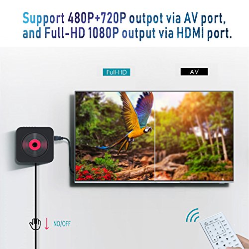 AOCNO Portátil Bluetooth Reproductor de DVD/CD, Montable en la Pared Audio con Mando a Distancia Incorporado Radio FM Altavoz USB MP3 Auriculares de Jack AUX Input/Output, Negro