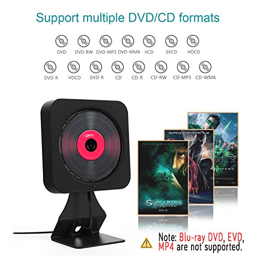AOCNO Portátil Bluetooth Reproductor de DVD/CD, Montable en la Pared Audio con Mando a Distancia Incorporado Radio FM Altavoz USB MP3 Auriculares de Jack AUX Input/Output, Negro