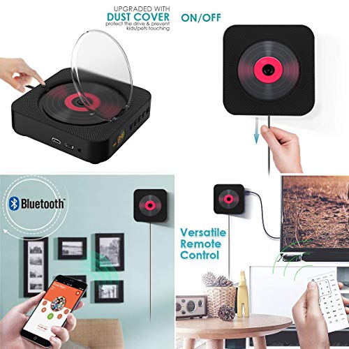 AOCNO Portátil Bluetooth Reproductor de DVD/CD, Montable en la Pared Audio con Mando a Distancia Incorporado Radio FM Altavoz USB MP3 Auriculares de Jack AUX Input/Output, Negro