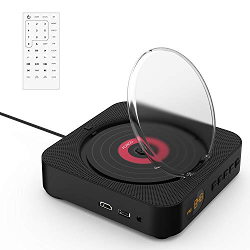 AOCNO Portátil Bluetooth Reproductor de DVD/CD, Montable en la Pared Audio con Mando a Distancia Incorporado Radio FM Altavoz USB MP3 Auriculares de Jack AUX Input/Output, Negro