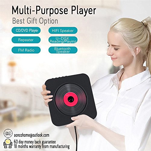 AOCNO Portátil Bluetooth Reproductor de DVD/CD, Montable en la Pared Audio con Mando a Distancia Incorporado Radio FM Altavoz USB MP3 Auriculares de Jack AUX Input/Output, Negro