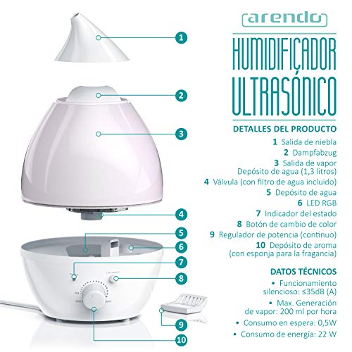 arendo - Humidificador Difusor ultrasonido - Humidifier - Nebulizador - Difusor de Aroma - 7 Colores LED Distintos - Depósito de Agua de 1,3 L
