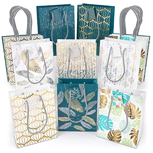 Arteza Bolsas de regalo | 24 x 17.8 x 8.6 cm | 16 bolsas surtidas | 5 diseños originales de láminas metálicas | 10 bolsas en papel blanco + 6 en papel azul (2 de cada estilo)