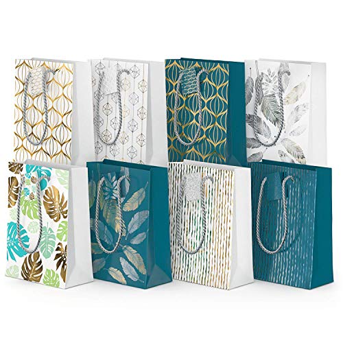 Arteza Bolsas de regalo | 24 x 17.8 x 8.6 cm | 16 bolsas surtidas | 5 diseños originales de láminas metálicas | 10 bolsas en papel blanco + 6 en papel azul (2 de cada estilo)
