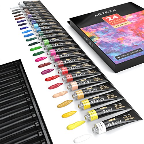 Arteza Gouache | Pintura gouache con 24 colores de calidad para artistas | Set de 24 tubos de 12ml | Ideal como set de iniciación para pintar con gouache