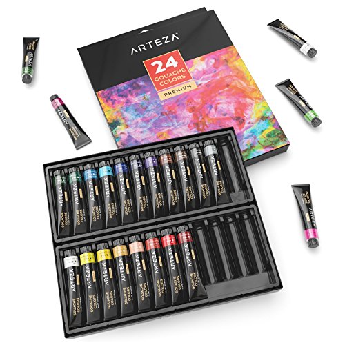 Arteza Gouache | Pintura gouache con 24 colores de calidad para artistas | Set de 24 tubos de 12ml | Ideal como set de iniciación para pintar con gouache