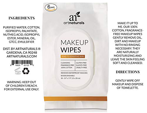 ArtNaturals Toallita Desmaquillante Hipoalergénicas - (Juego de 30 Piezas x 6 Piezas) - Piel Sensible, Normal a Seca - Paños De Limpieza Facial