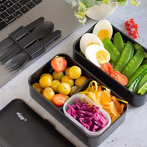 Atthys Fiambrera Bento | Bento Japonés Design 3 Cubiertos de Regalo | Bento Box 2 Compartimentos Estancos 1200 ml | Microondas y Lavavajillas | Tupper Madera Adultos o Niños Premium + Bolsa Termica
