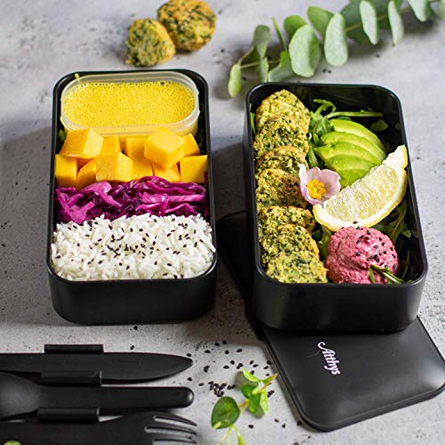 Atthys Fiambrera Bento | Bento Japonés Design 3 Cubiertos de Regalo | Bento Box 2 Compartimentos Estancos 1200 ml | Microondas y Lavavajillas | Tupper Madera Adultos o Niños Premium + Bolsa Termica
