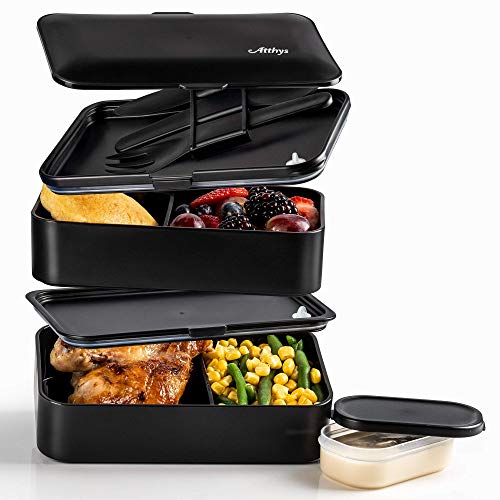 Atthys Fiambrera Bento | Bento Japonés Design 3 Cubiertos de Regalo | Bento Box 2 Compartimentos Estancos 1200 ml | Microondas y Lavavajillas | Tupper Madera Adultos o Niños Premium + Bolsa Termica
