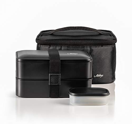 Atthys Fiambrera Bento | Bento Japonés Design 3 Cubiertos de Regalo | Bento Box 2 Compartimentos Estancos 1200 ml | Microondas y Lavavajillas | Tupper Madera Adultos o Niños Premium + Bolsa Termica