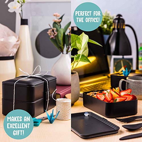 Atthys Fiambrera Bento | Bento Japonés Design 3 Cubiertos de Regalo | Bento Box 2 Compartimentos Estancos 1200 ml | Microondas y Lavavajillas | Tupper Madera Adultos o Niños Premium + Bolsa Termica