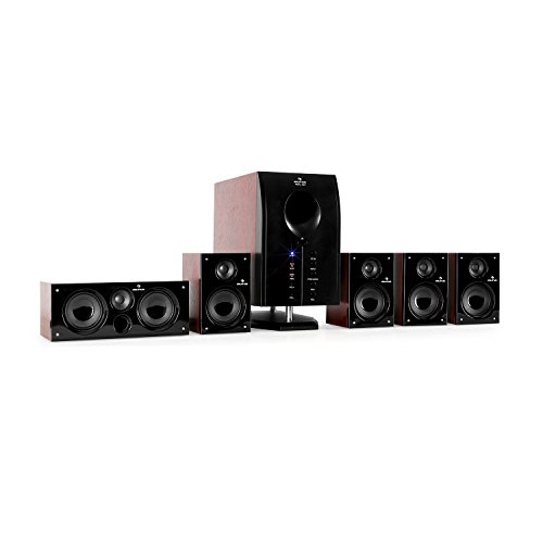 auna Areal 525 WD Sistema Sonido Envolvente 5.1 - Home Cinema Surround , 125W RMS , Subwoofer emisión Lateral 5,25" , Bass Reflex , 5 Altavoces satélite , Apagado automático , Marrón