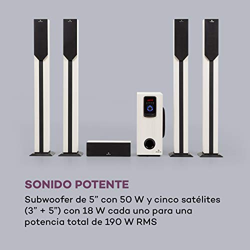 auna Areal Elegance - Sistema Home Cinema 5.1, Subwoofer 5", 5 Altavoces satélite (3"+5"), Potencia 190 W, Bluetooth, Puerto USB/SD, AUX, Pantalla LED, Mando a Distancia, Estética Madera, Blanco