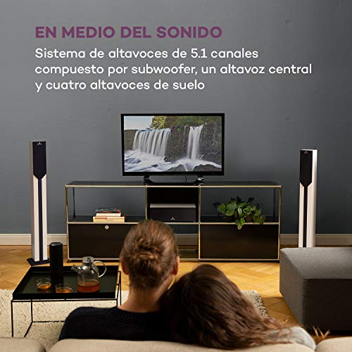 auna Areal Elegance - Sistema Home Cinema 5.1, Subwoofer 5", 5 Altavoces satélite (3"+5"), Potencia 190 W, Bluetooth, Puerto USB/SD, AUX, Pantalla LED, Mando a Distancia, Estética Madera, Blanco