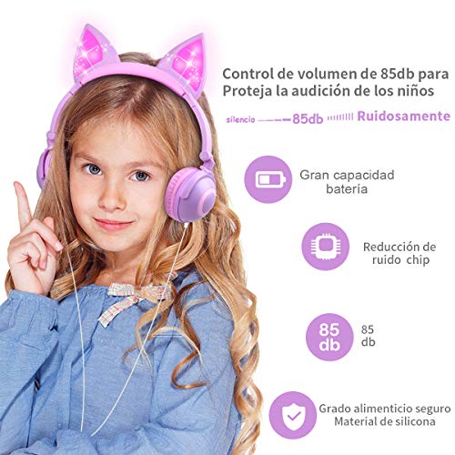 Auriculares con Cable para niños, Orejeras con Orejas de Gato Que Brillan intensamente,Headphones Recargables LED luz Headset,Auriculares con Cable para niños de 85dB Volume Limited