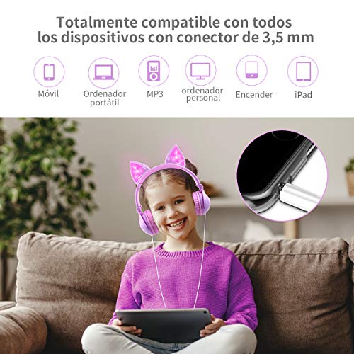 Auriculares con Cable para niños, Orejeras con Orejas de Gato Que Brillan intensamente,Headphones Recargables LED luz Headset,Auriculares con Cable para niños de 85dB Volume Limited