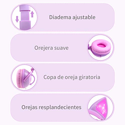 Auriculares con Cable para niños, Orejeras con Orejas de Gato Que Brillan intensamente,Headphones Recargables LED luz Headset,Auriculares con Cable para niños de 85dB Volume Limited