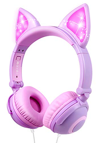Auriculares con Cable para niños, Orejeras con Orejas de Gato Que Brillan intensamente,Headphones Recargables LED luz Headset,Auriculares con Cable para niños de 85dB Volume Limited