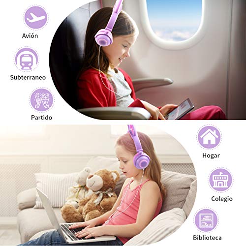 Auriculares con Cable para niños, Orejeras con Orejas de Gato Que Brillan intensamente,Headphones Recargables LED luz Headset,Auriculares con Cable para niños de 85dB Volume Limited