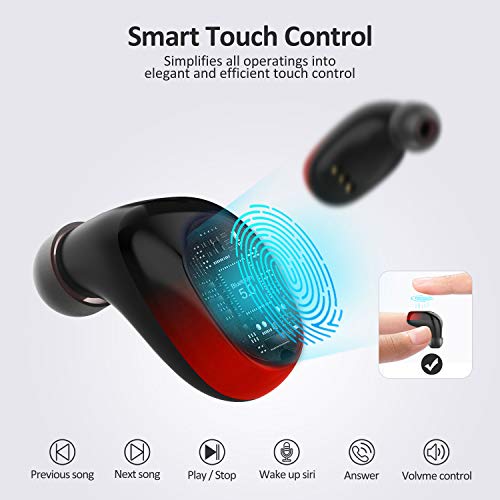 Auriculares Inalámbricos Bluetooth 5.0 Cascos In-Ear con Micrófono 2000mAh Caja de Carga Cancelación de Ruido 100H de Juego Control Táctil a Prueba de Agua Deportivos para iOS Android PC GMY, Rojo